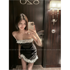 批发法式纯欲风性感一字肩抹胸连衣裙女春夏季茶里茶气甜辣妹<b class='q'>包臀裙</b>子