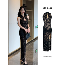 批发新中式改良旗袍黑色无袖<b class='q'>连衣裙</b>女性感蕾丝拼接高开叉中长款裙子