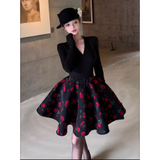 批发黑色v领长袖紧身<b class='q'>T</b><b class='q'>恤</b>内搭女秋冬时尚套装玫瑰蓬蓬a字半身<b class='q'>裙</b>两件套