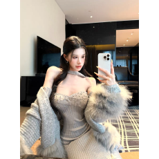 批发纯欲风性感镶钻抹胸针织连衣裙女<b class='q'>秋</b>冬袖套修身裙子显身材包臀长裙