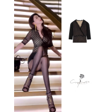 批发纯欲甜辣妹性感低胸v领上衣女秋季法式名媛蕾丝打底衫显身材内搭