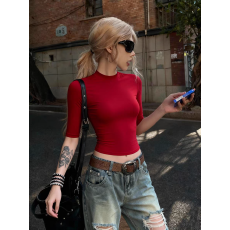 批发纯欲半高领正肩<b class='q'>T</b><b class='q'>恤</b>女短袖秋冬五分袖内搭辣妹<b class='q'>紧身</b>显身材短款上衣