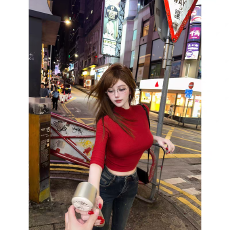 批发纯欲半高领正肩<b class='q'>T</b><b class='q'>恤</b>女短袖秋冬五分袖内搭辣妹<b class='q'>紧身</b>显身材短款上衣