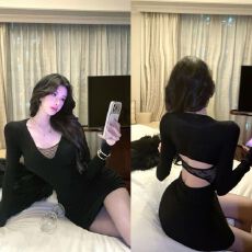 批发黑色蕾丝拼接V领长袖<b class='q'>连衣裙</b>女秋冬新款纯欲<b class='q'>露背</b>修身显瘦包臀短裙