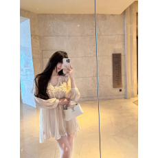 批发法式纯欲蕾丝边v领雪纺连衣<b class='q'>裙</b>秋季新款<b class='q'>灯笼</b>袖收腰短<b class='q'>裙</b>名媛礼服<b class='q'>裙</b>