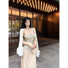 批发拼接<b class='q'>缎面</b>假两件无袖抹胸连衣裙女秋冬小香风法式裙子修身大摆长裙