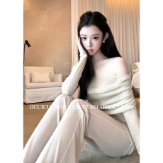 批发不规则斜肩<b class='q'>网纱</b>长袖t恤女秋纯欲一字肩上衣打底衫内搭巨好看绝美