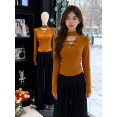 批发纯欲风<b class='q'>蕾丝</b>拼接V领挂脖长袖打底衫女秋冬新款磨毛加显瘦内搭上衣