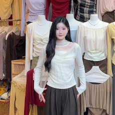 批发法式设计感<b class='q'>网纱</b>荡领飘带长袖上衣秋季新款气质修身显瘦打底T恤女