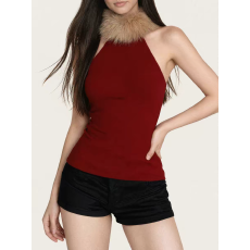 批发圣诞红色毛毛领<b class='q'>吊带</b><b class='q'>背心</b>女秋冬辣妹挂脖抹胸上衣半高领<b class='q'>打底</b>衫内搭