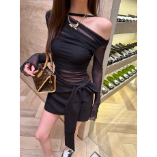 批发辣妹黑色斜肩长袖透视网纱T恤女秋季新款辣妹叠穿内搭两件套上衣