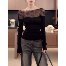 批发纯欲风复古辣妹<b class='q'>蕾丝</b>拼接一字肩长袖针织衫女秋冬新款显瘦内搭上衣
