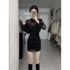 批发纯欲风网纱拼接黑色<b class='q'>连衣裙</b>2025新款女秋冬裙子辣妹性感收腰包臀裙