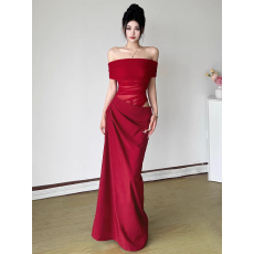 批发一字肩红色连衣裙女御姐<b class='q'>性感</b>网纱修身裙子纯欲镂空露腰<b class='q'>礼服</b>裙长裙