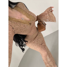 批发纯欲性感蕾丝V领长袖蕾丝<b class='q'>连衣裙</b>女春季新款高级感修身显瘦包臀裙