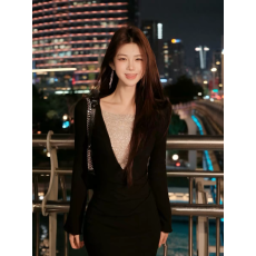 批发重工复古性感V领拼接<b class='q'>长袖</b><b class='q'>连衣</b>裙女冬季新款收腰显瘦包臀修身<b class='q'>长裙</b>