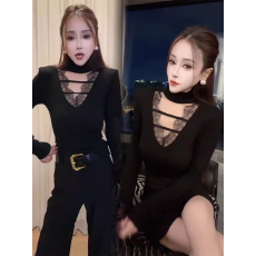 批发纯欲性感v领蕾丝拼接挂脖收腰长袖t恤设计感显瘦紧身内搭打底<b class='q'>上衣</b>