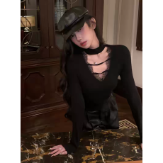 批发纯欲性感v领蕾丝拼接挂脖收腰长袖t恤设计感显瘦紧身内搭打底<b class='q'>上衣</b>