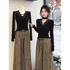 批发纯欲性感v领蕾丝拼接挂脖收腰长袖t恤设计感显瘦紧身内搭打底<b class='q'>上衣</b>