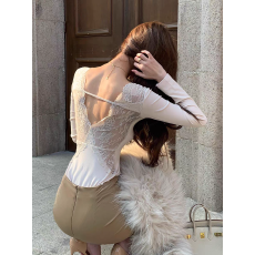 批发黑色纯欲<b class='q'>蕾丝</b>v领长袖内搭打底衫女秋季约会心机性感露背修身上衣