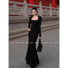 批发法式气质步步生莲长袖<b class='q'>连衣裙</b>女秋冬新款修身显瘦高级感包臀鱼尾裙