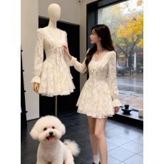 批发法式千金风白色蕾丝V领<b class='q'>连衣裙</b>女秋冬季高级感纯欲收腰显瘦蓬蓬裙