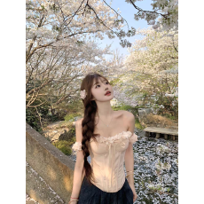 批发纯欲辣妹粉色系带吊带背心上衣女夏气质蕾丝收腰修身显瘦鱼骨胸衣