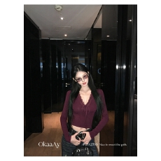 批发纯欲风<b class='q'>蕾丝</b>拼接紫色v领长袖T恤女秋冬修身显瘦内搭性感打底衫上衣