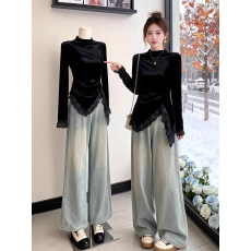 批发不规则<b class='q'>蕾丝</b>拼接丝绒长袖t恤女秋冬收腰上衣半高领咖色打底衫内搭