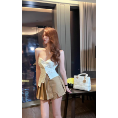 夏季纯欲风辣妹不规则抹胸衬衫收腰性感显瘦上衣百褶裙制服套装