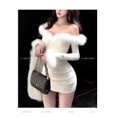 批发纯欲风性感拼接毛毛<b class='q'>一字肩</b><b class='q'>连衣裙</b>女收腰显瘦气质名媛短款包臀礼服