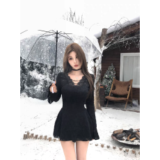 批发法式性感蕾丝拼接<b class='q'>长袖</b>连衣裙女秋季纯欲风收腰显瘦包臀A字短裙子