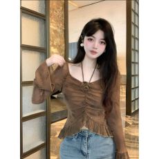 批发纯欲风高级感V领亮丝<b class='q'>网纱</b>T恤<b class='q'>上衣</b>女春夏喇叭袖短款扎染长袖打底衫