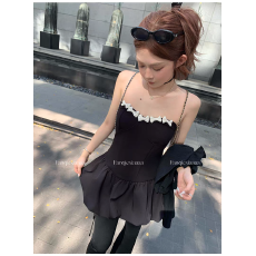 批发复古辣妹减龄蝴蝶结抹胸<b class='q'>连衣裙</b>修身显瘦掐腰蕾丝花边蓬蓬短裙女夏