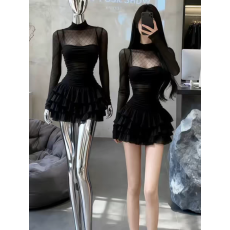 批发法式黑色气质修身网纱<b class='q'>连衣裙</b>女2026春季新款辣妹高级收腰a字短裙