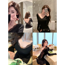 批发纯欲辣妹<b class='q'>蕾丝</b>露背长袖T恤女秋冬绝美巨好看的打底衫内搭收腰上衣