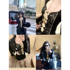 批发黑色辣妹性感蕾丝v领长袖t恤内搭打底衫女冬季纯欲修身紧短款上衣