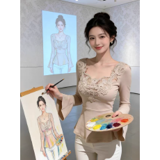 批发法式温柔<b class='q'>蕾丝</b>拼接V领喇叭长袖T恤女秋冬新款洋气收腰显瘦打底上衣