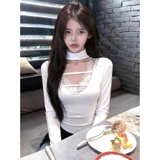 批发纯欲v领蕾丝花边挂脖上衣秋冬辣妹收腰<b class='q'>修身</b>显瘦内搭<b class='q'>打底衫</b>长袖t恤