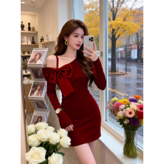 批发纯欲风<b class='q'>蝴蝶结</b>斜肩<b class='q'>连衣裙</b>女2026早春新款设计感洋气收腰显瘦包臀裙