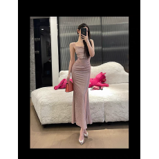 批发法式名媛时尚气质荡领褶皱吊带鱼尾连衣裙高级洋气少女<b class='q'>小礼服</b>长裙