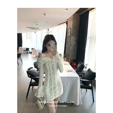 批发一字肩系带长袖蕾丝<b class='q'>连衣裙</b>女<b class='q'>夏</b>季收腰鱼尾裙子纯欲风修身包臀长裙