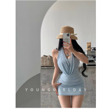 批发纯欲性感辣妹褶皱收腰显瘦连衣裙夏季挂脖露背荡领吊带包臀短<b class='q'>裙子</b>