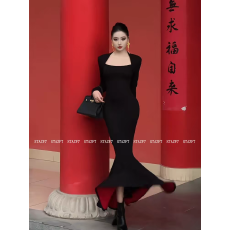 批发法式优雅名媛气质<b class='q'>复古</b>拼接连衣裙女方领喇叭长袖步步生莲鱼尾<b class='q'>长裙</b>