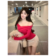 批发玫红色一字肩长袖针织<b class='q'>T</b><b class='q'>恤</b>女冬季显身材修身内搭辣妹性感打底上衣