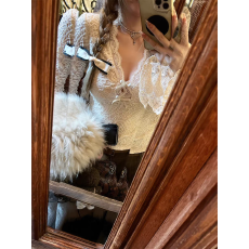 批发气质V领系带蝴蝶结喇叭长袖蕾丝衫纯欲修身显瘦短款打底内搭上衣