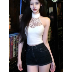 批发纯欲挂脖毛绒背心女镂空性感蕾丝拼接露背<b class='q'>上衣</b>修身收腰打底衫内搭