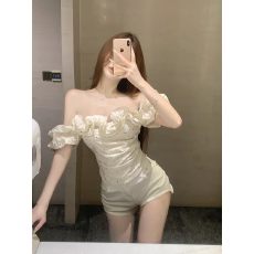 批发法式一字肩波点T恤女春夏温柔纯欲别致气质修身显瘦紧身绝美<b class='q'>上衣</b>