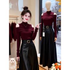 批发法式轻熟风气质暗紫色露肩针织衫女秋冬高级感辣妹修身内搭打底衫