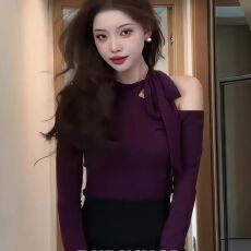 批发法式轻熟风御姐系带领露肩长袖<b class='q'>上衣</b>2026秋春新款修身百搭打底衫女